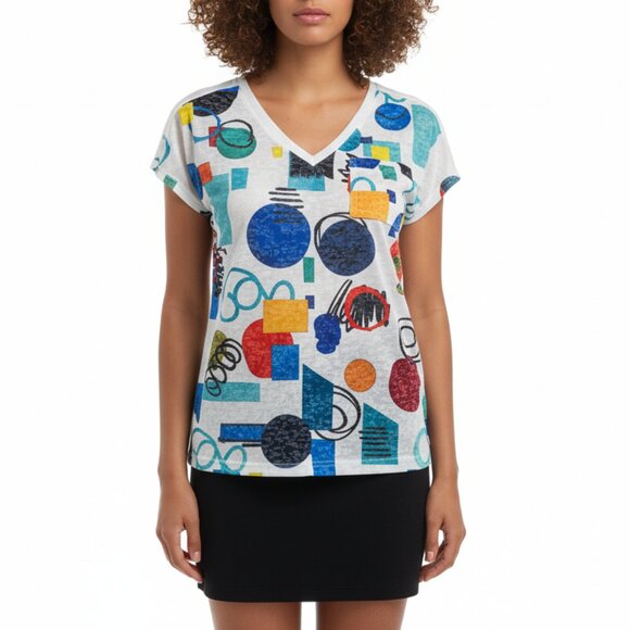 Alison Sheri Bright Geometric Short Sleeves Pullover V Neck Tee One of a Kind XS - Picture 1 of 5